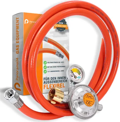 Produktbild von Gasschlauch Set bestehend aus Gasdruckregler 50 mbar mit Manometer und Sicherheitsventil sowie flexiblem Gasschlauch 80 cm - ideal für Gasgrills, Heizstrahler, Hockerkocher, Gaskocher, Lampen, uvm.