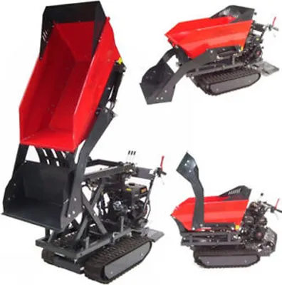 A collage of three images showing a red and black tracked dumper from different angles.