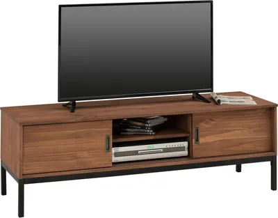 Produktbild von Lowboard SELMA 145 cm aus Massivholz, Kastanie Finish - Fernsehtisch Fernsehschrank im industrial Design mit 2 Schiebetüren 1 offenes Fach