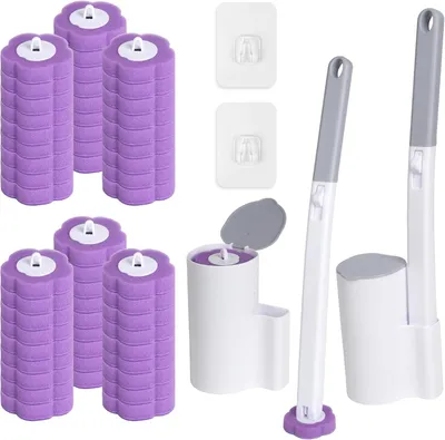 Produktbild von WC-Bürste Einweg-Toilettenbürsten, 2 Bürsten mit Griff und 2 Ständer. Toilettenbürsten werden mit 54 Nachfüllungen mit Reinigungsflüssigkeit zum Reini