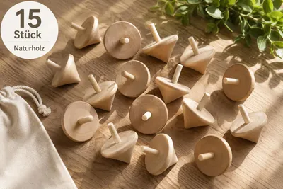 15 Naturholz Kreisel aus unbehandeltem Holz. Ideal zum Spielen, Basteln und Bemalen für Kinder und E, KI-generiertes Bild