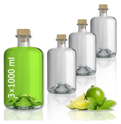Produktbild von 3 Glasflaschen 1000 ml leer zum selbst Befüllen mit Korken Apothekerflasche Essig Öl Flasche Schnapsflaschen Likörflaschen