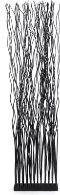 A black decorative screen or room divider with a wavy, net-like pattern, standing on a black base against a white background.