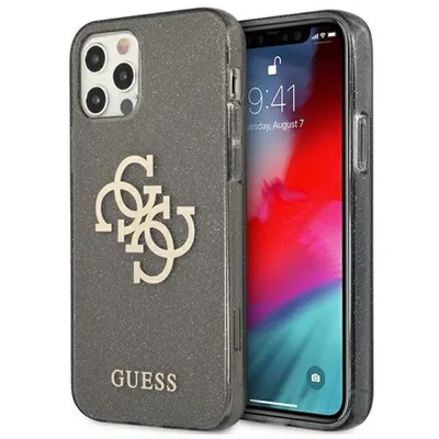 A smartphone case with a glitter finish and the Guess logo is shown on a white background.