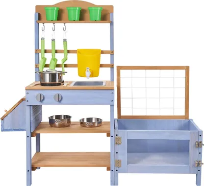 Produktbild von Matschküche, Matschküche für Kinder im Freien, Spielküchen aus Holz für draußen mit Pflanzkasten, Behälter zum Fangen von Tieren, Tank, Spüle, Kochgeschirr, Töpfen und Zubehör, Spielküchen aus Holz für Rasen und Garten