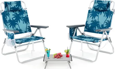Immagine prodotto di COSTWAY sedie da spiaggia con tavolo, sedie da campeggio pieghevoli con schienale regolabile, poggiatesta, portabicchieri e braccioli, sedie pieghevoli blu chiaro