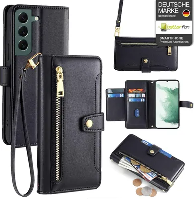 Produktbild von Handykette Samsung Hülle mit Band Handyhülle Kartenfächer Kunstleder Umhängetasche Galaxy S22+ Schwarz
