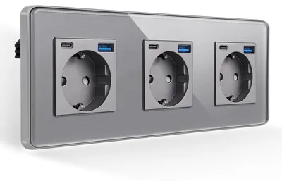 Productafbeelding van 3-contactdoos met USB-A en type C-poort - Geïntegreerde wandcontactdoos 16A 250V