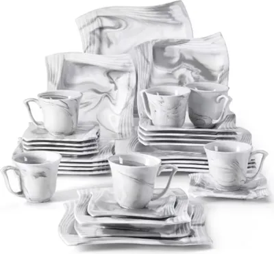 Immagine prodotto di Raffinato Set da portata 6 persone - 30 pezzi - Vetroceramica - Bianco - Piatti per colazione e cena - Impilabili - Design senza tempo