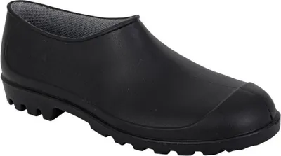 A black garden clog shoe is shown against a white background.