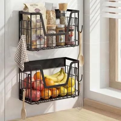 Produktbild von Magnetischer Kühlschrankorganizer, 2er-Set, faltbares Gewürzregal und Obstkorb für die Küche, mehrstufiges Gemüseregal aus Metall, Waschmaschinenablage, schwarz
