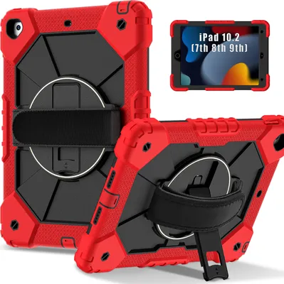 Produktbild von Hülle für iPad 9th/8th/7th Gen, iPad 10,2 Zoll 2021/2020/2019 Tablette Schutzhülle Stoßfeste mit 360 Drehbarer Handschlaufe/Ständer Rot Schwarz