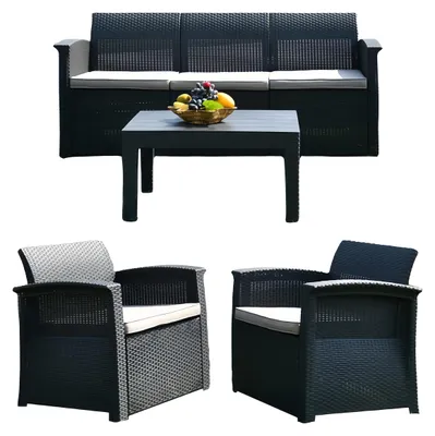 Produktbild von Relaxdays Gartenmöbel Set, 4-teilige Rattan Sitzgruppe, 5 Personen, Bank, Sessel & Tisch, Loungemöbel, outdoor, schwarz