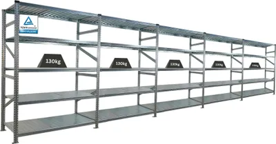 Produktbild von Fachbodenregal PROXIMO mit  Stecksystem | Komplettregal | HxBxT 200x750x70cm | 5 Ebenen | Fachlast 130 kg | Beidseitig nutzbar | Verzinkt
