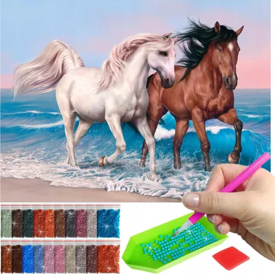 Zdjęcie produktu dla Haft diamentowy ARTULIO - Dwa konie na plaży - 40 x 30 cm - Diamond painting, Kompletny zestaw: mozaika + akcesoria