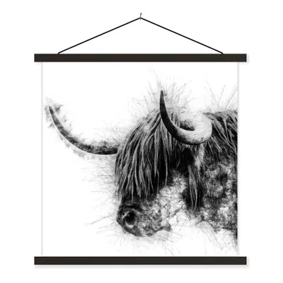 Produktbild von MuchoWow® Textilposter Porträt Schottischer Highlander - Schwarz und Weiß 120x120 cm mit schwarzem Rahmen - Aufhängungsset