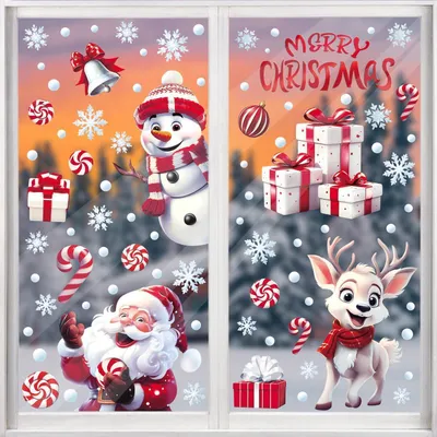 Image de Décorations de fenêtre pour Noël, PVC, 28x21 cm, lot de 12, motifs : bonhomme de neige, renne, Père Noël