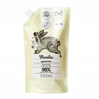 A pouch of liquid soap with a cartoon rabbit illustration.