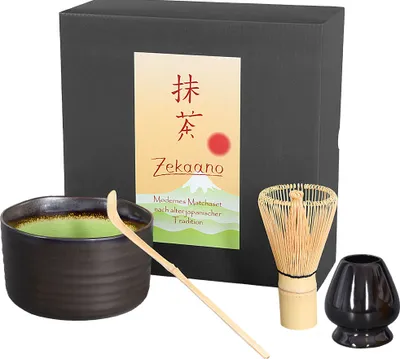 Produktbild von Matcha Set / Matchaset / Matcha Schale 500ml anthrazit/grün, mit Besen/Löffel/Halter in Geschenkbox