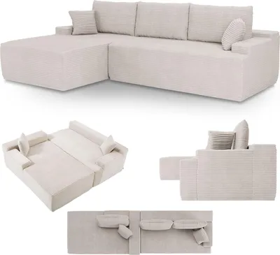 Produktbild von Juskys Sofa Coredo - Beige, moderne Couch aus Cord mit Kissen, Ottomane links