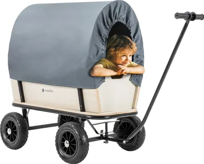 Produktbild von Miweba Holz Bollerwagen Canvas | Mit Planendach - Deichselgeführte Lenkachse - Bis 180 Kg - 70L Fassungsvermögen - Hartgummireifen (Grau/Holz)