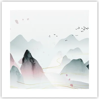 Produktbild von Poster - Poster ohne Rahmen - Berge Vögel Modern - 40x40 cm - Wand Bild - Wanddeko - Wandbilder - Kunstposter - Wandposter - Bilder - Kunstdruck - Wanddekoration - Wandbild - P2XAC40x40-4822