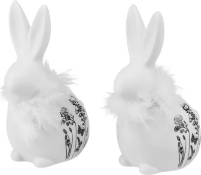 Produktbild von Keramikhasen Weiß Sitzend Osterdeko Blumen Federn Tischdeko 9×7×14cm 2St Set, 2 Stück