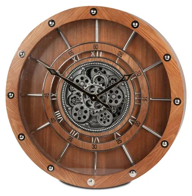 Produktbild von formano Wanduhr 60cm mit drehenden Zahnrädern Braun Silber Industrial Stil Holz