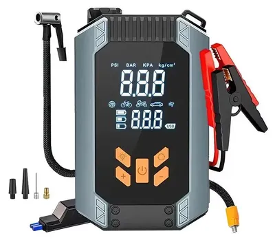 Produktbild von 4-in-1 Tragbarer Auto-Starthilfe-Booster - Luftkompressor - Reifenpumpe - Powerbank - 1000 A Spitzenstrom - 8000–10000 mAh - Schwarz