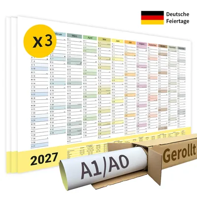 Produktbild von XL Jahreskalender Wandkalender 2027 | DIN A1 | 3 Stück | Gerollt verpackt ohne Knicke | 59,4 x 84,1 cm | Kalender | deutsche Feiertage + Ferien