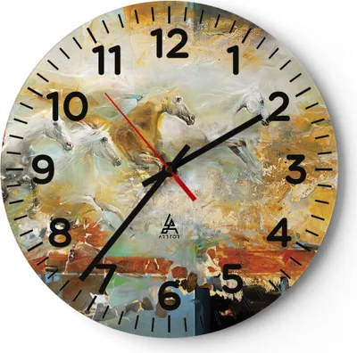 Produktbild von Wanduhr - Rund - Glasuhr - Pferde Galopp Modern - 40x40cm - Schleichendes Uhrwerk - Lautlos - zum Aufhängen bereit - Dekoration Modern - Wanddekoration aus Glas - C4AR40x40-4506