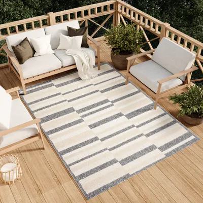 Image de Tapis Outdoor Indoor Salon Chambre Design Moderne Terrasse Balcon Crème Gris 140 x 200 cm