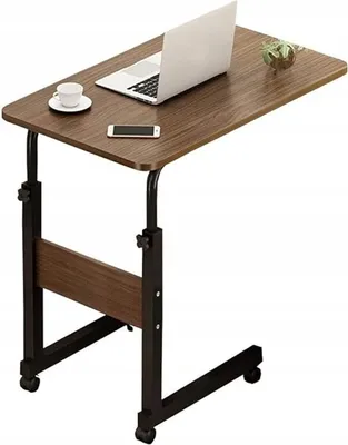 A mobile, height-adjustable laptop table with a wooden top and black metal legs with wheels.