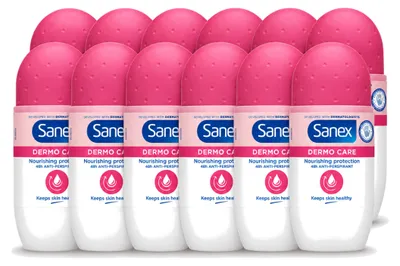 Imagen del producto de 12 unidades de antitranspirante roll-on Sanex Dermo Care, 48 horas de protección, 50 ml. Paquete económico