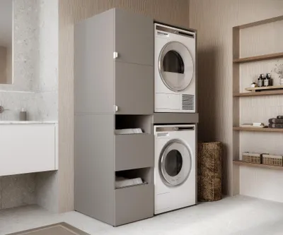 Zdjęcie produktu dla Wysoka szafka łazienkowa na pralkę i suszarkę – szafka pod pralkę, szafka nadpralkowa 187 x 65 x 111 cm (45+66) (kolor szary gliniany)