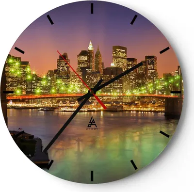 Produktbild von Wanduhr - Rund - Glasuhr - New York Brücke - 40x40cm - Schleichendes Uhrwerk - Lautlos - zum Aufhängen bereit - Dekoration Modern - Wanddekoration aus Glas - C3AR40x40-3517