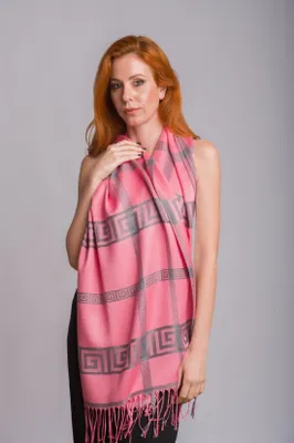 Produktbild von Damen Schal Pashmina Viskose Rosa/Grau – Elegantes Tuch mit Griechischem Mäander-Muster, Weicher Stola