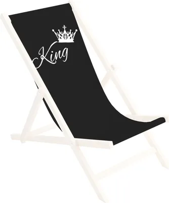 A black sling chair with a crown and the word "King" printed on it in white.