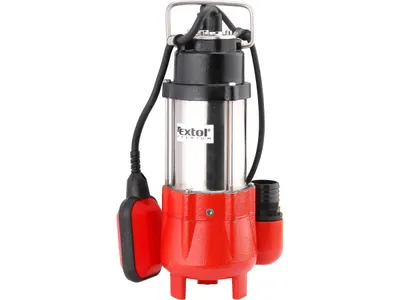 A submersible pump with a red base and silver body, featuring a black top and a red float switch.
