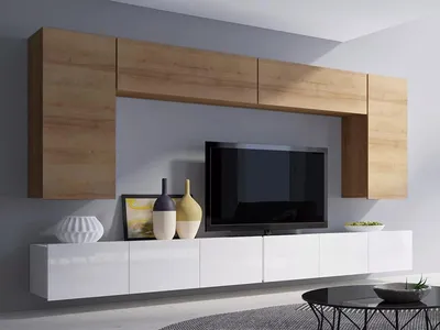 Produktbild von Wohnwand CALABRINI-13 Hängewohnwand Set, 6-teilig, Weiß Hochglanz Modern, PVC-Furnier Spanplatte, grifflos, TV-Schränke  (Eiche Gold - Weiß Hochglanz)