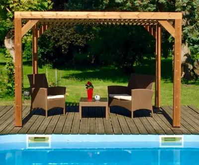 Image de Pergola Thermauvent - Bois thermochauffé - Ventelles mobiles - 3,41 x 3,13 m