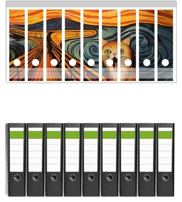 Produktbild von Wallario 9 Stück breite Ordner inkl. Klebeetiketten mit Motive Der Schrei der Katze -  Set mit Rückenschildern / Ordnerrücken Stickern