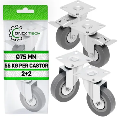 Zdjęcie produktu dla Zestaw 4 kółek do mebli, średnica 75 mm, z hamulcem, udźwig 55 kg