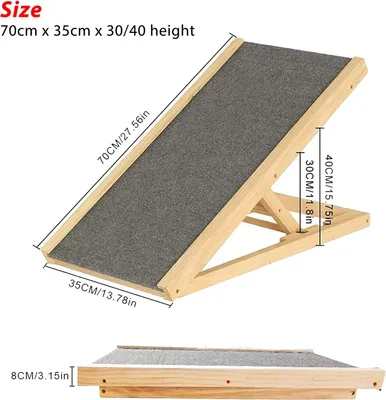 Image de Rampe en bois pour animaux de compagnie - Rampe pour chien pour voiture - 70 × 35 cm - 2 hauteurs : 30/40 cm - Poids max. : 150 kg - Tapis antidérapant - Bois naturel