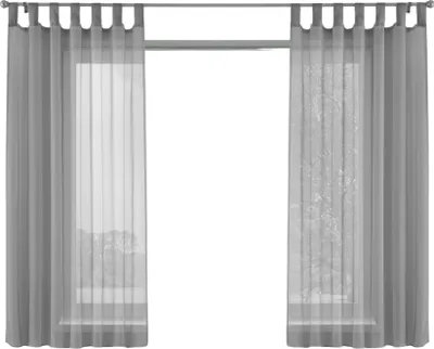 Two sheer gray curtains hanging on a curtain rod in front of a window.