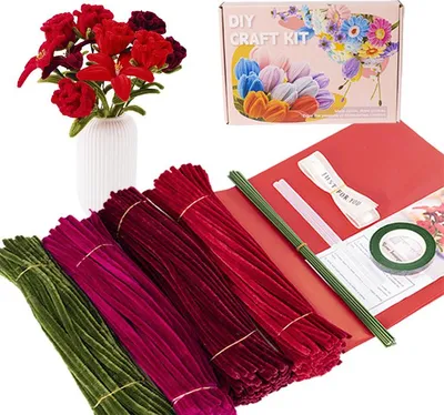 Produktbild von Rot Pfeifenputzer zum Basteln Set, 400 Stš¹ck Pfeifenreiniger4 Farben Blumenstrau? Pfeifenreiniger Blumen mit Geschenkband, Klebeband, Staubbl?tter fš¹r DIY Geschenke und Dekorieren (Rose)