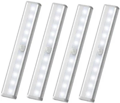 Image de Luminaires à piles pour l'intérieur - Lot de 4 lampes sans fil - Bandes LED - Pour les escaliers, les placards, sous les placards, la cuisine - Éclairage de nuit automatique - Avec crochets magnétiques autocollants