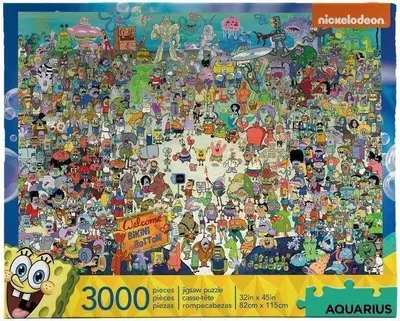 A collage of many Spongebob characters and scenes from the show, presented as a jigsaw puzzle box.
