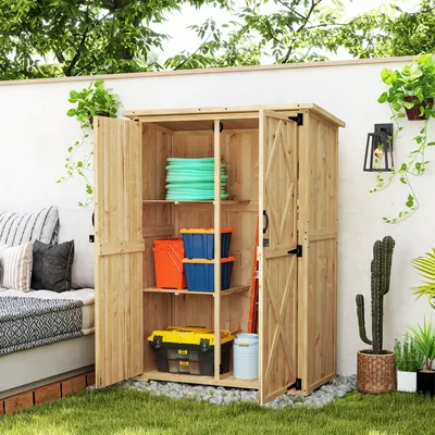 Produktbild von Holz-Geräteschuppen mit Doppeltüren, Gartenschrank Fichtenholz, Asphaltdach, Hellbraun | 116,5 x 57 x 167 cm | 20 kg | verstellbare Füße