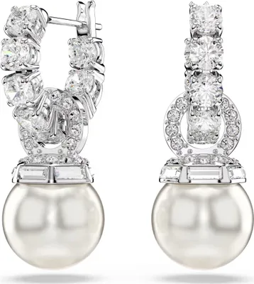 A pair of elegant pearl drop earrings with crystal embellishments, presented against a clean white background.
